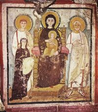 Roma, Catacombe di Commodilla affresco di Turtura 530 ca: Madre di Dio con il Bambino, i santi Felice, Adautto e la vedova Turtura Roma, Catacombe di Commodilla affresco di Turtura 530 ca: Madre di Dio con il Bambino, i santi Felice, Adautto e la vedova Turtura